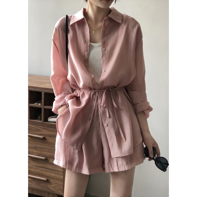 Two Shirts Pockets And Lace Pink Silk Set Shorts Loose Pieces Up