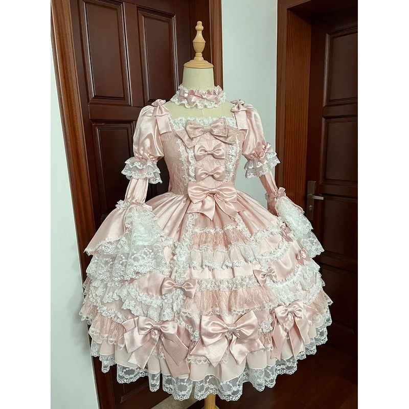 Waist Bow Princess Accents Sweet Sleeves Dress Lolita High Pink with Detachable