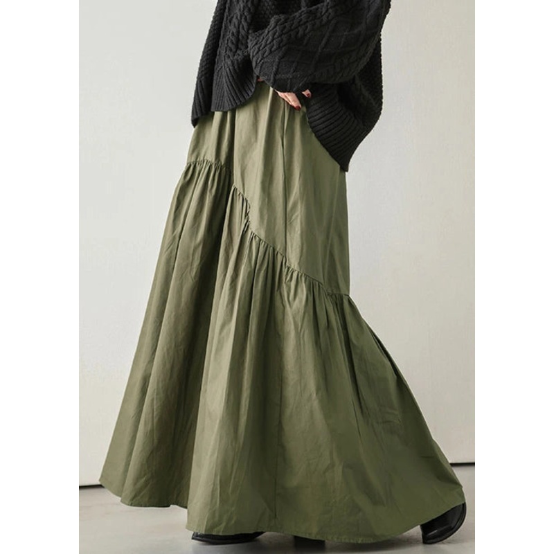 Wrinkled Cotton Skirt Spring Army Elastic Waist Loose Green