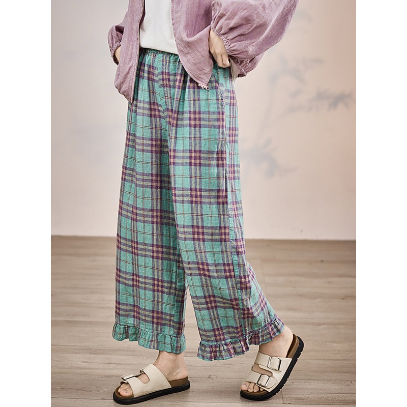 Artsy Women 100%Linen Pants Straight Summer Plaid