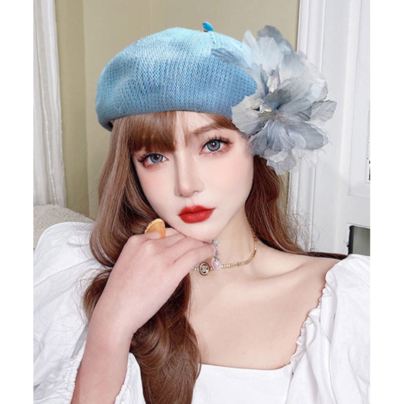Beret Hat Flower Tulle Wash Mesh Ink Blue Breathable