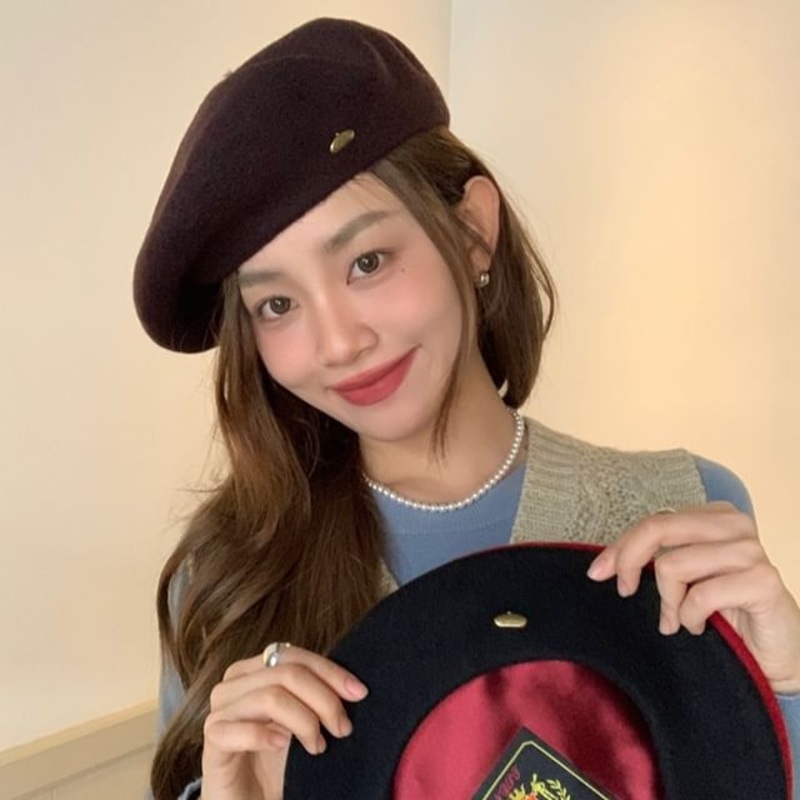 Beret Metal Plate Wool Hat|Almond Oatmeal|Ash Mocha|Ash Rose Pink|Black|Camel|Coffee|Dark Blue|Light Almond|Light Pink|Milky White|Mustard Green|Pink|Red|One Size