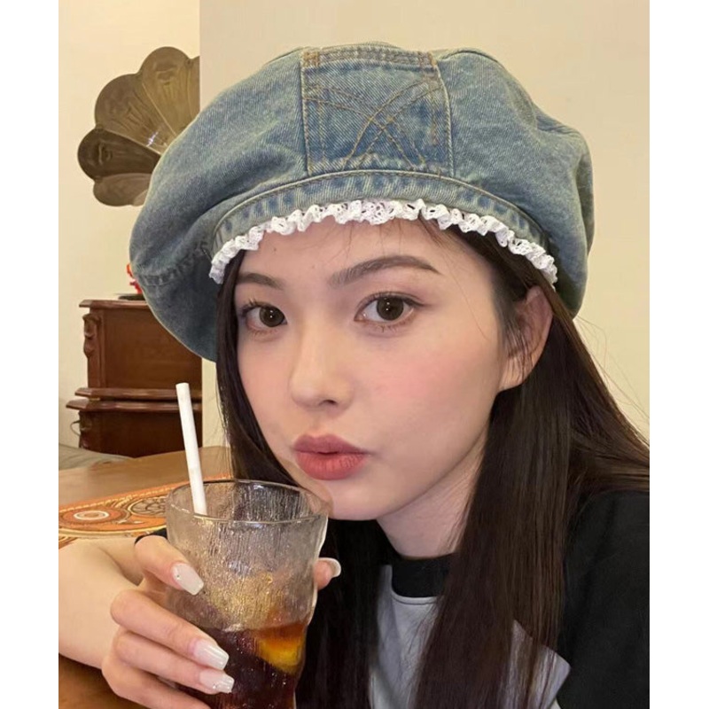 Blue Lace Denim Trimmed Original Hat Beret