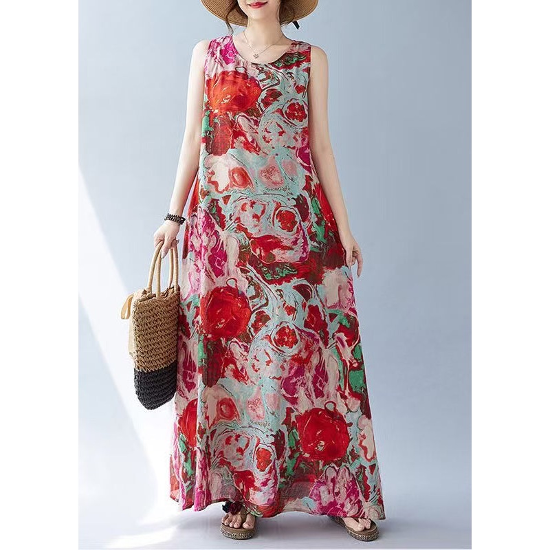 Bohemian Oversized Print Red Sleeveless Dress Holiday Cotton