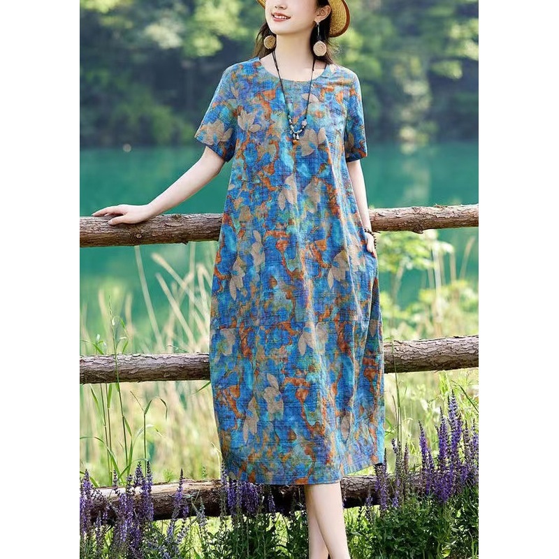 Classy Long Blue Cotton O-Neck Summer Print Dress