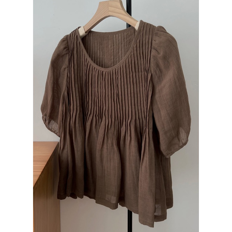 Coffee Simple O Sleeve Shirt Neck Linen Wrinkled Half