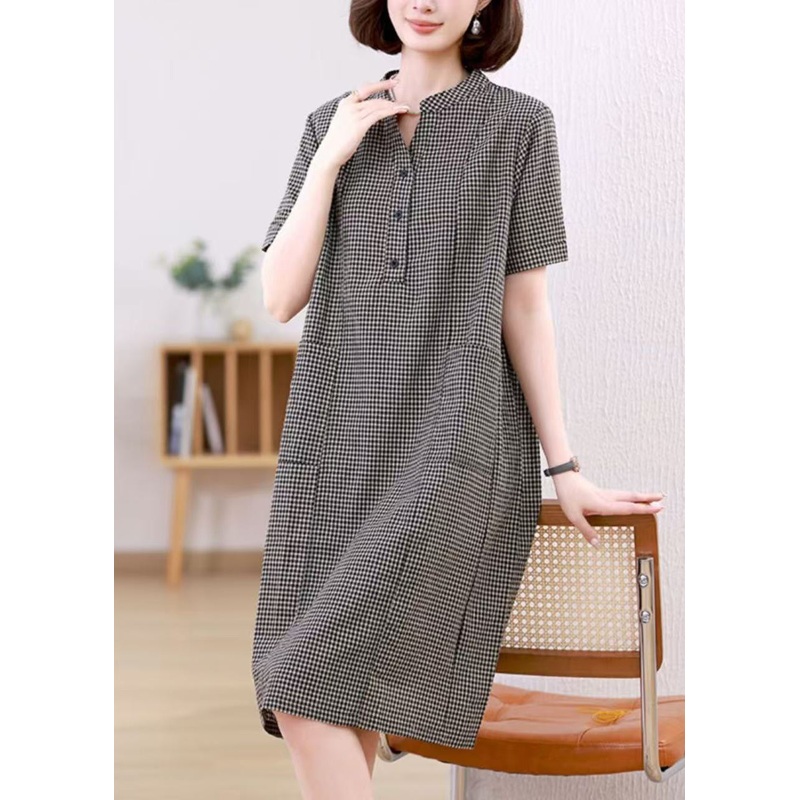 Collar Summer Dresses Stand Grey Mid Linen Plaid