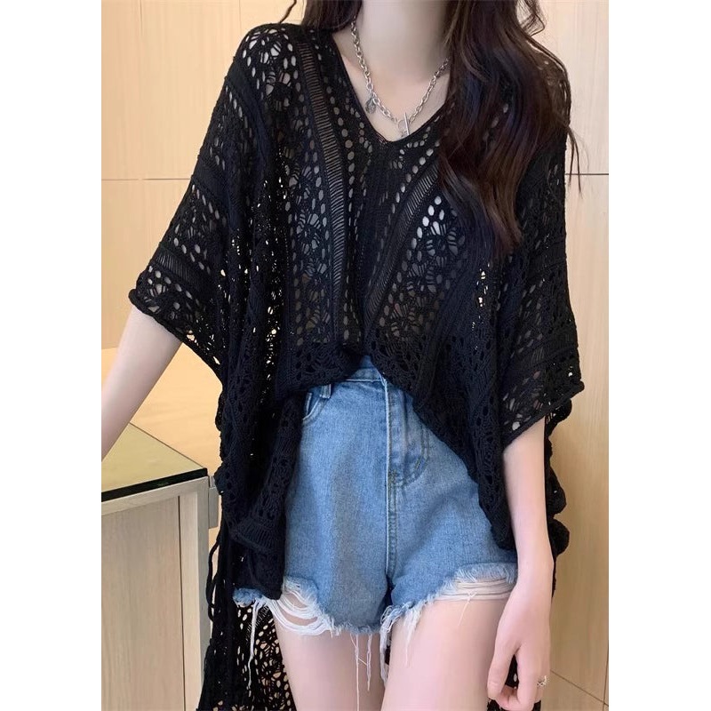 Knit Black Summer Out Side Top Open Hollow Cinched