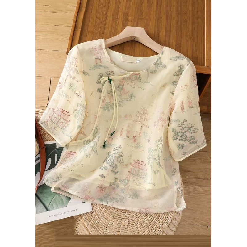 Open Side Print Apricot Half Tulle Blouses Sleeve New