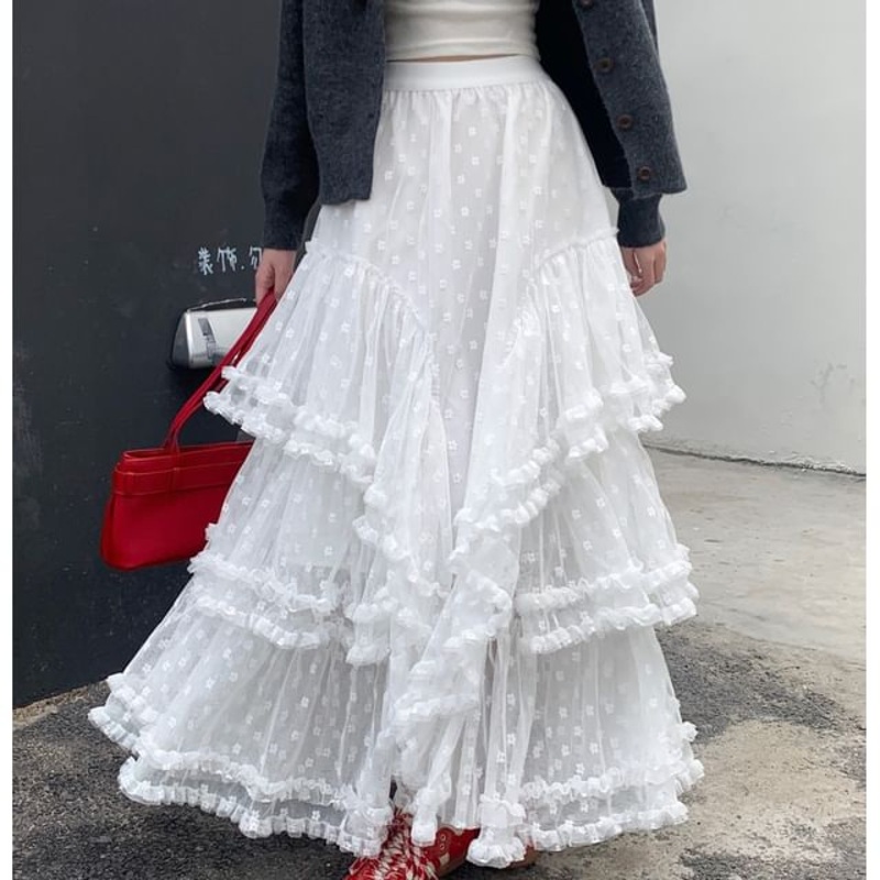 Skirt Maxi Rise Ruffle High Floral Asymmetrical A-Line