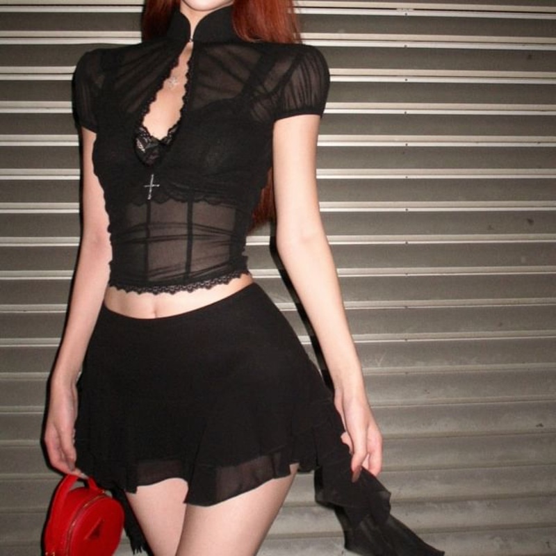 Stand Collar Mid Rise Lace Skirt Bra Blouse / A-Line Crop Mini Puff-Sleeve