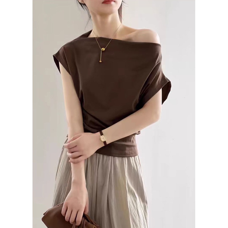 Summer Cold Solid T Cotton Shirts Coffee Shoulder