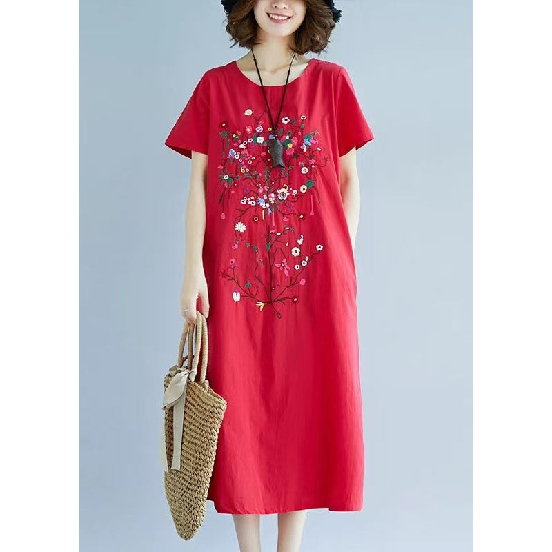 Summer Holiday Dress Art Red Embroidered Linen