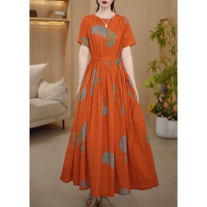 Summer Italian Dresses Cotton Maxi Print Cinched Orange