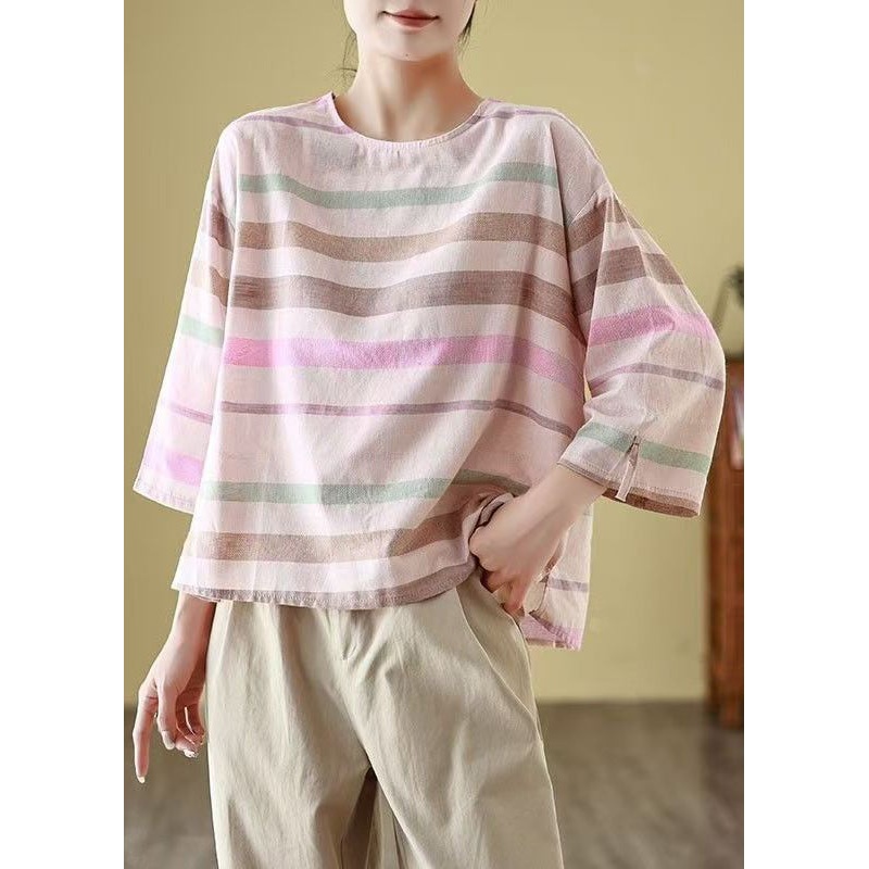 T Cozy Loose Striped Shirt O Linen Sleeve Neck Bracelet