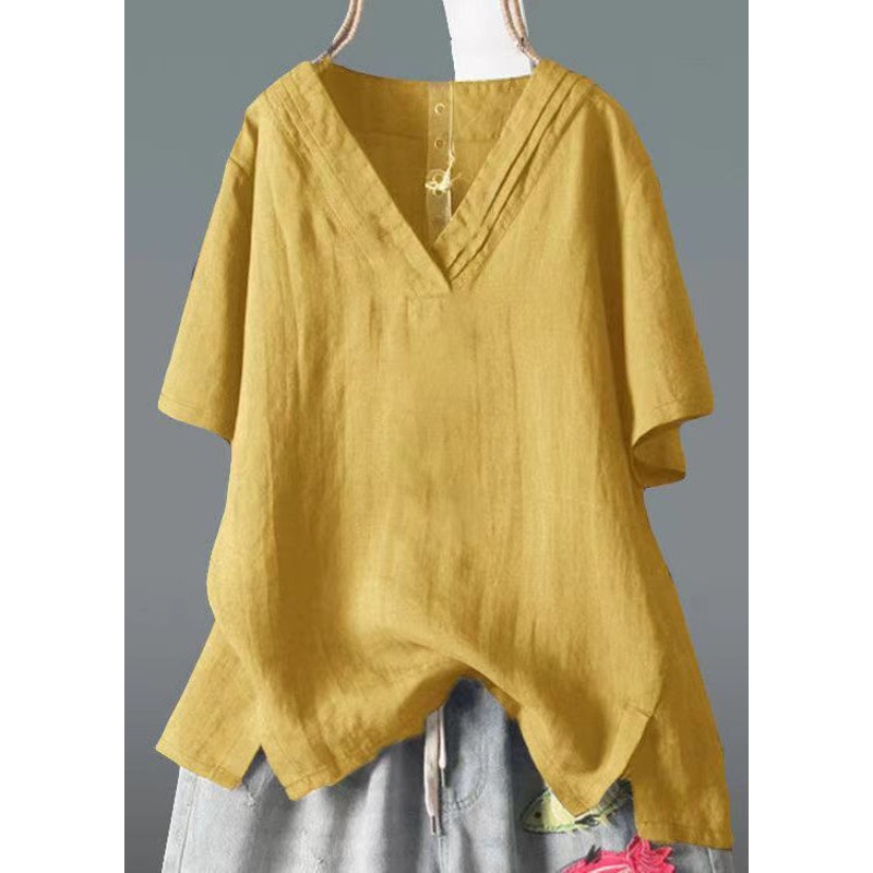 V Linen Side Open Top Neck Summer Yellow Shirt Classy