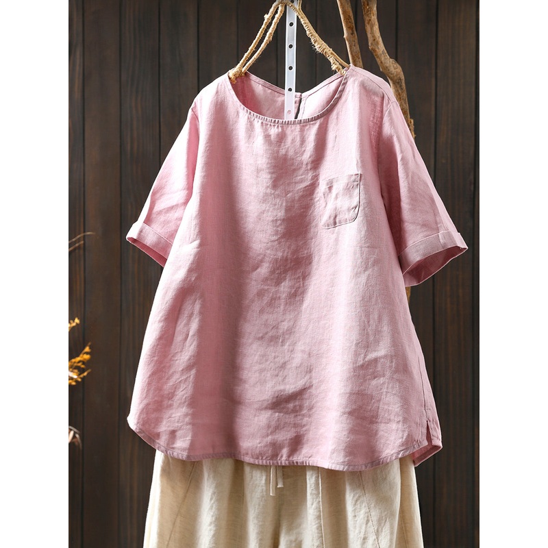 Women Color O-Neck 100%Linen Summer Shirt Pure