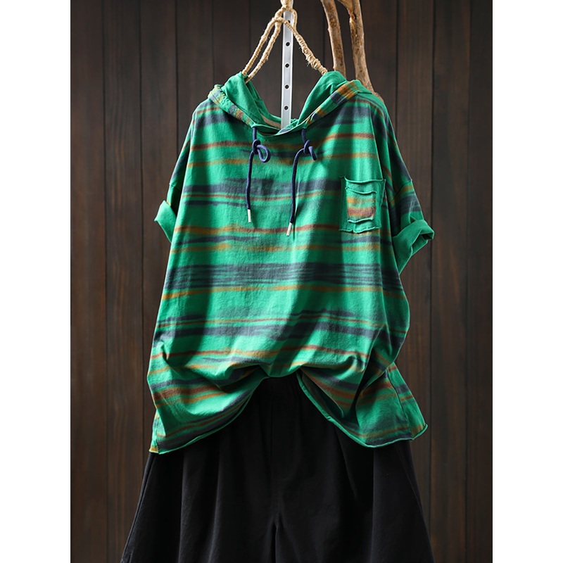 Women Retro Cotton Summer Hooded Stripe Shirt