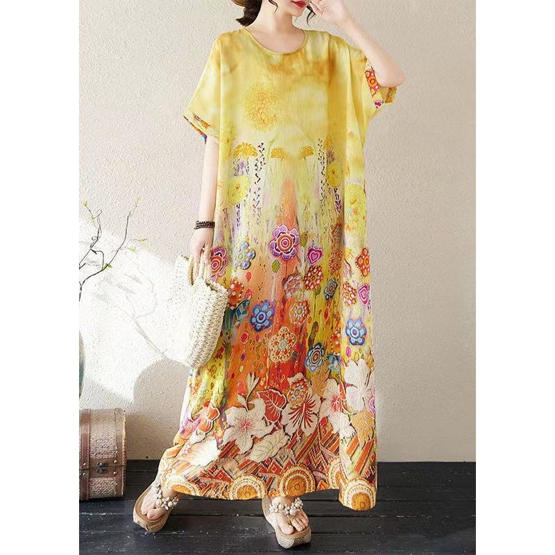 Yellow Oversized Summer Classy Beach Dresses Cotton Print