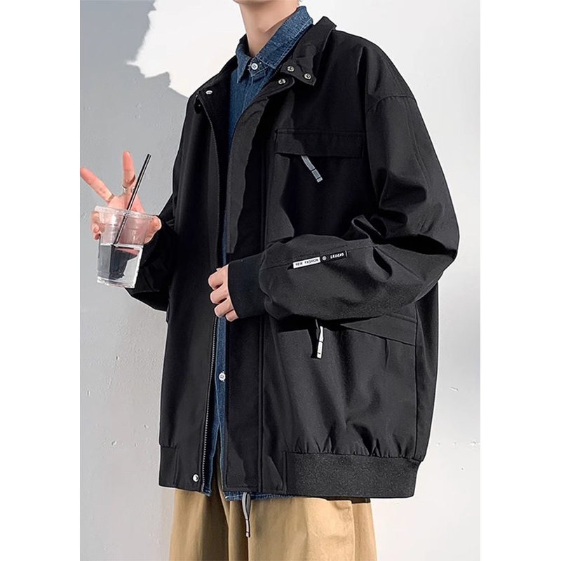 Black Cotton Coats Spring Pockets Mens Loose Solid Zippered