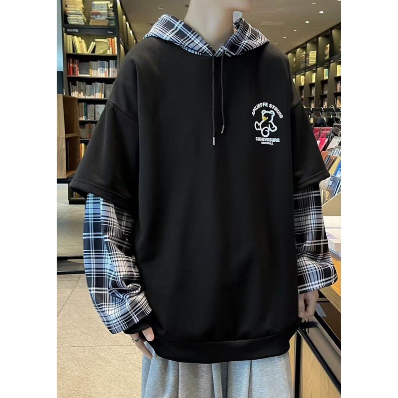 Black Hooded Spring Sweatshirts Stylish Cotton Mens Patchwork