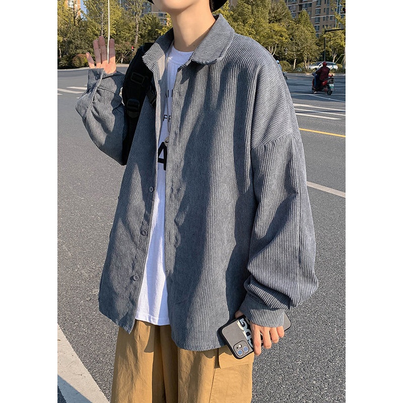Blue Button Coat Simple Mens Pan Corduroy Collar Shirts Peter