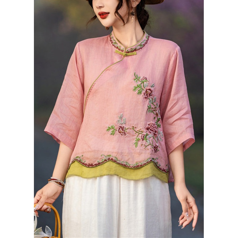 Bracelet Elegant Pink Button Embroidered Shirt Sleeve Linen