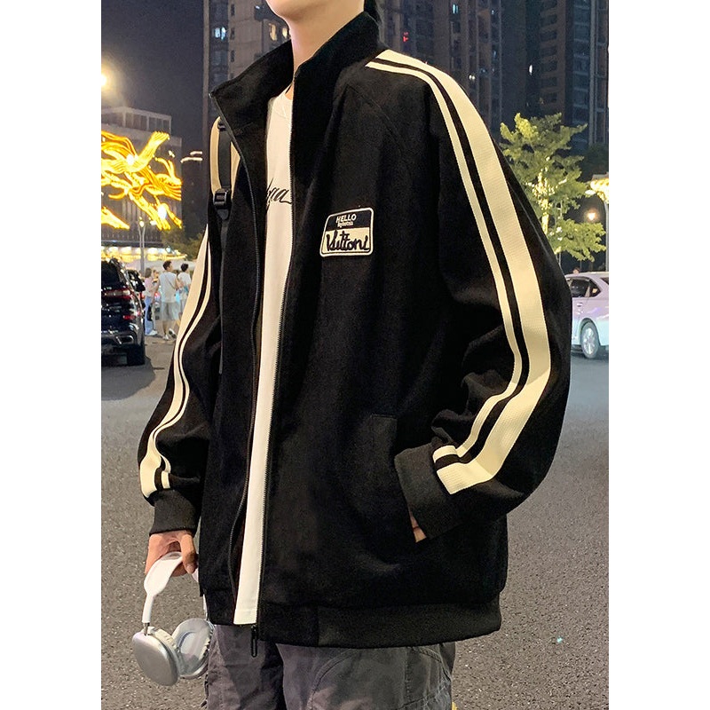 Coat New Cotton Striped Spring Up Men Black Zip