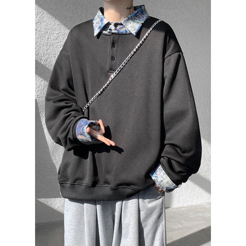 Collar Black Sweatshirts Peter Mens Pan Patchwork Cotton Loose