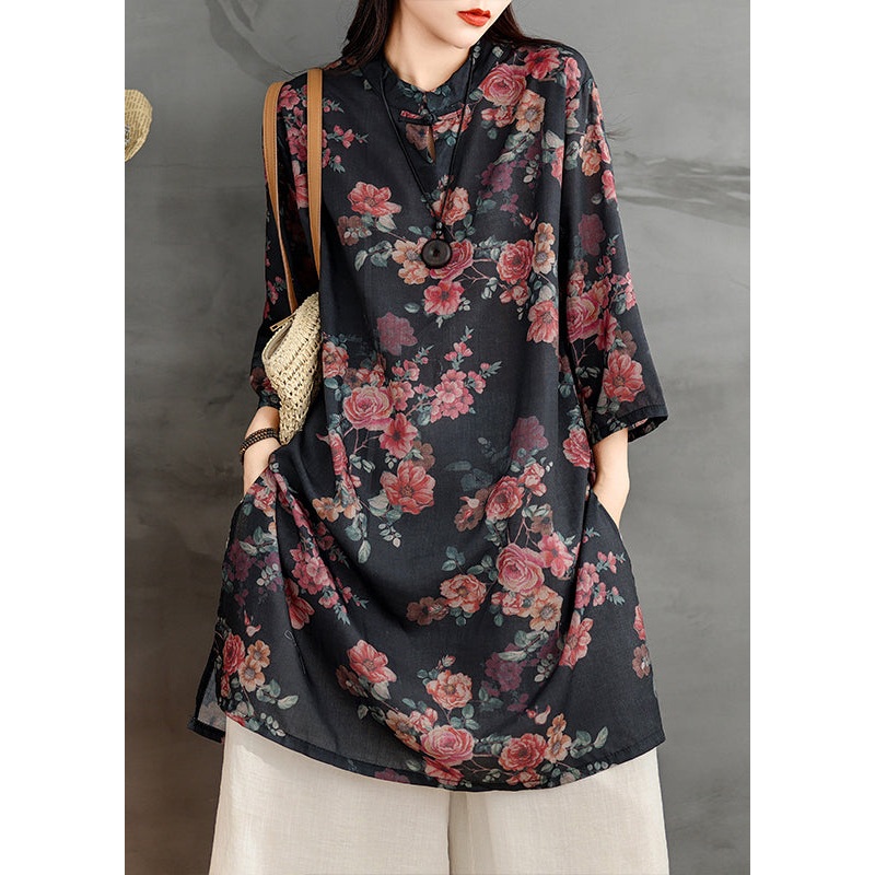 Collar Retro Print Black Side Open Linen Dress Stand Shirts