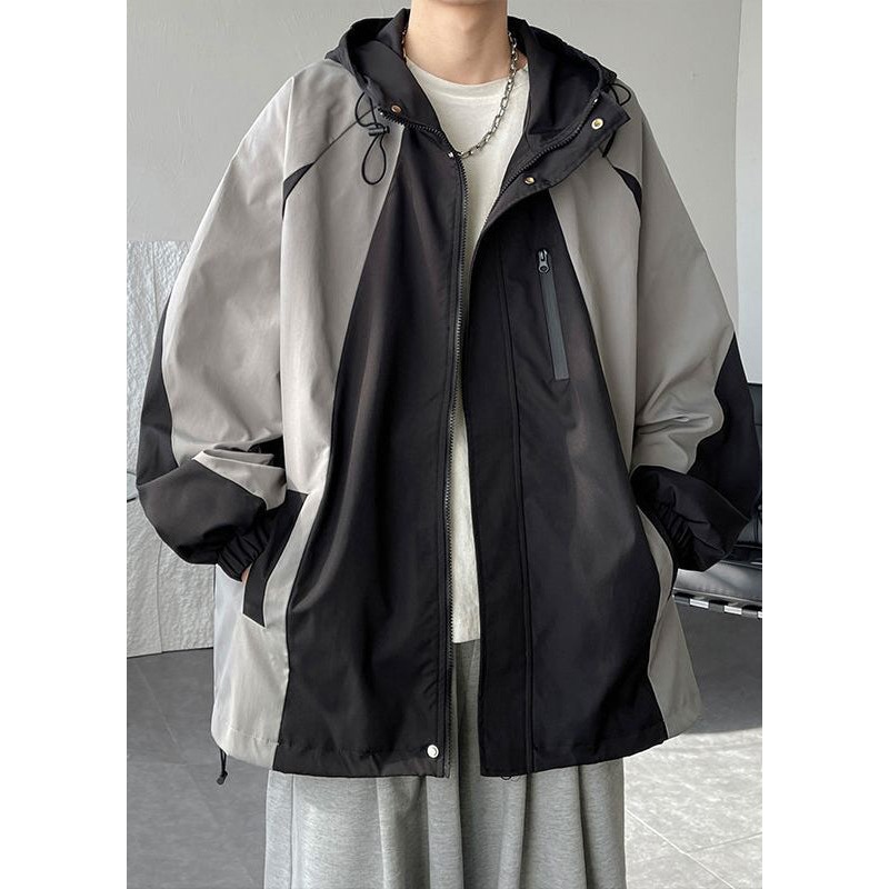 Cotton Hooded Patchwork Mens Classy Coats Grey Drawstring Spring