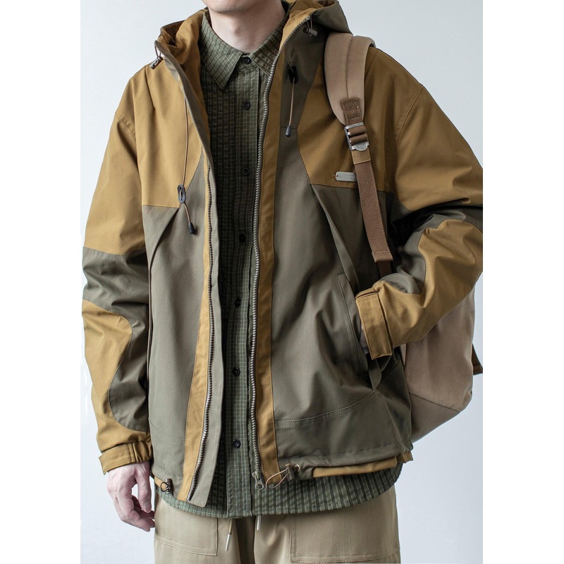 Cotton Khaki Casual Patchwork Hooded Coat Dark Pockets Spring Men