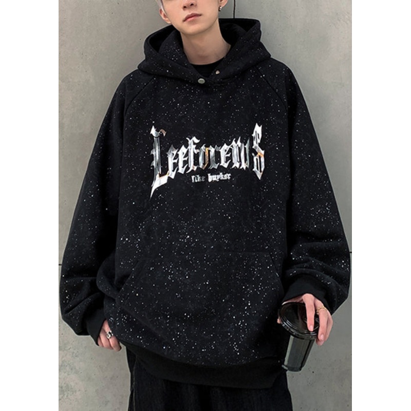 Cotton Pockets Spring Men Sequins Black Sweatshirt Hooded Print