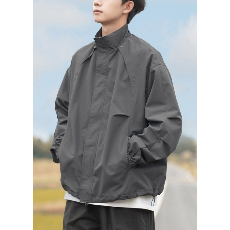 Drawstring Plus Mens Coats Cotton Stand Collar Grey Size