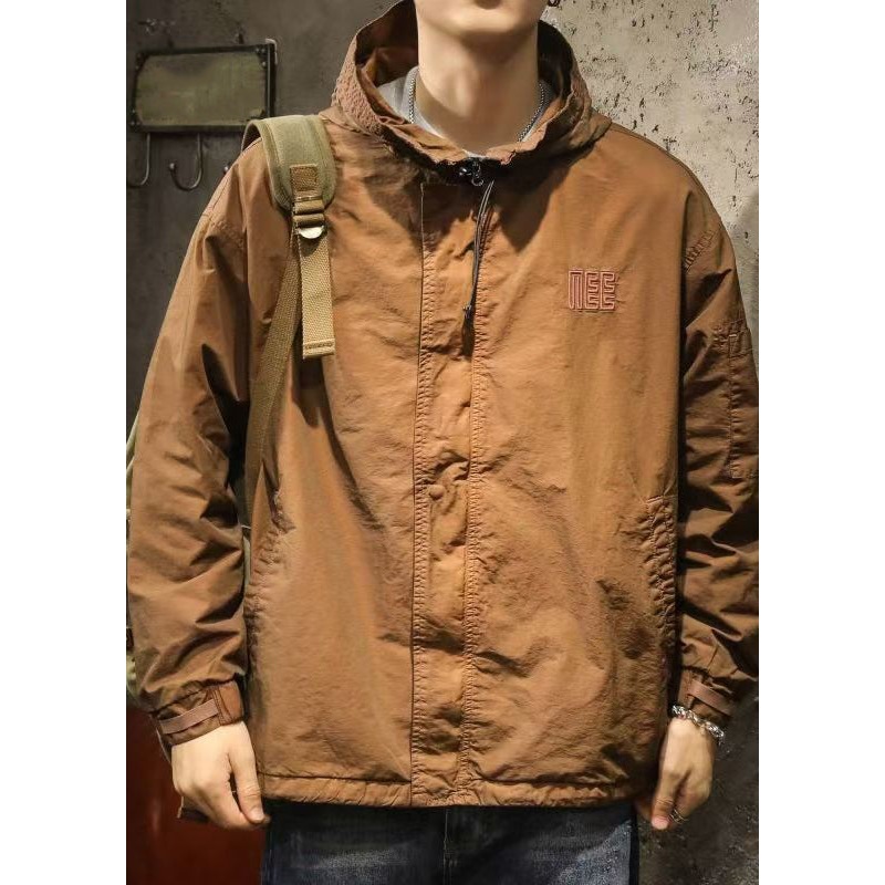 Drawstring Spring Mens Caramel Solid Plus Hooded Coat Size Cotton