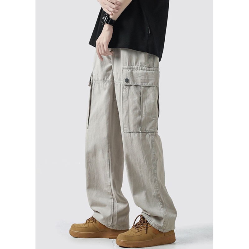 High Mens Grey Casual Crop Pockets Pants Cotton Waist Light