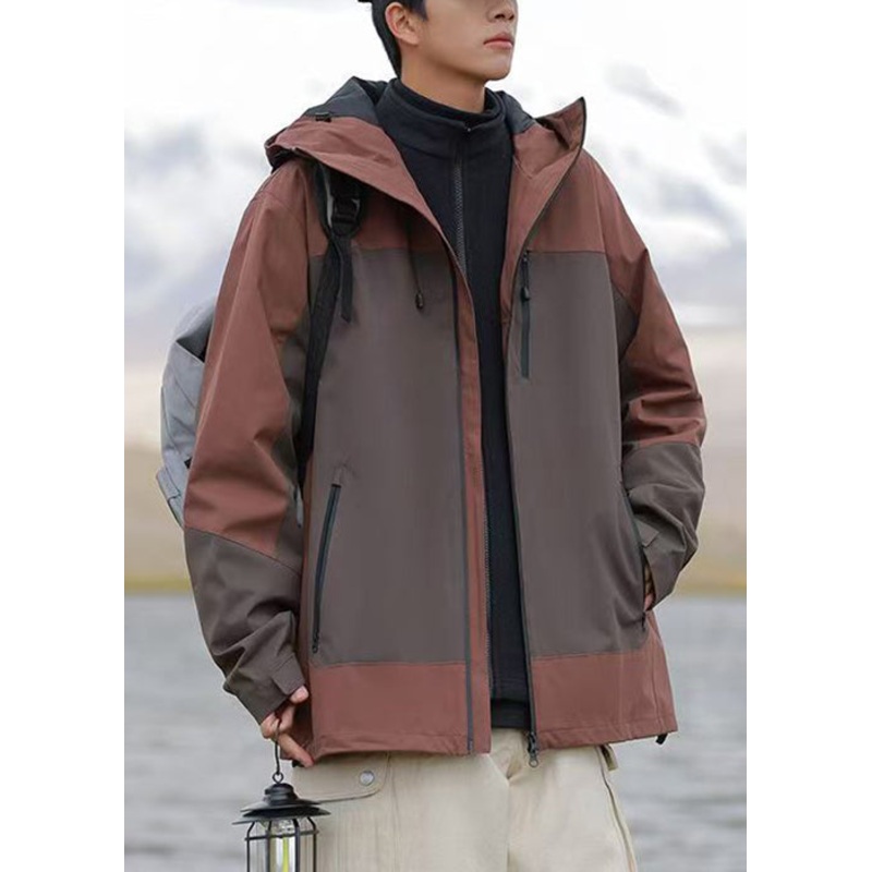 Hooded Brown Mens Cotton Zippered Plus Size Patchwork Coats