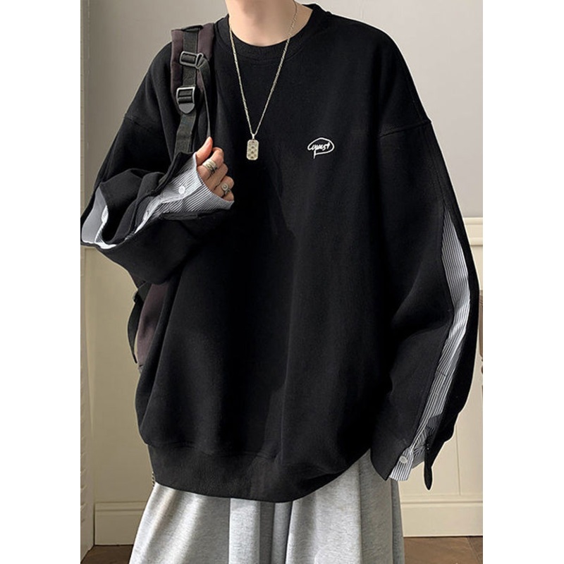 Loose Neck Men Black O Two Cotton Button Pieces Sweatshirt False