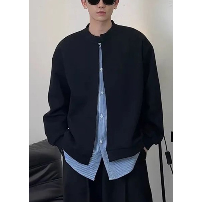 Mens Patchwork Button New Cotton Sweatshirts Black Striped Spring