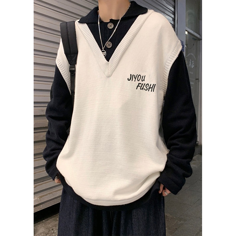 Patchwork Cozy Spring Embroideried Art Sweater Men Beige Knit