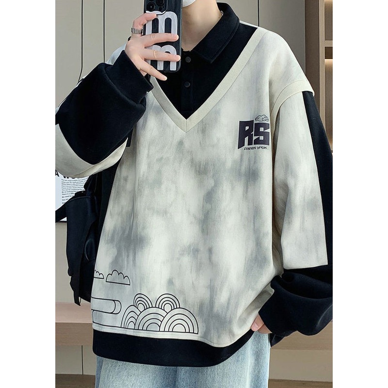 Patchwork Print Button Mens Spring Sweatshirts Chic Cotton Black