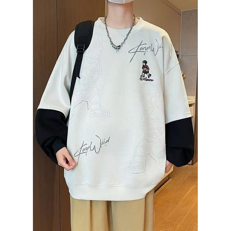 Patchwork Sweatshirts O Neck Chic Cotton Mens Spring White Print