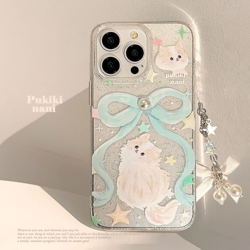 Phone Cat Case Ribbon|Case Only – Cat & Bow – Blue & White & Transparent|Case Only – Three-dimensional Cat & Bow – Blue & White & Transparent|With Faux Pearl Charm – Three-dimensional Cat & Bow – Blue & White & Transparent|iPhone 11|iPhone 11 Pro Max|iPho