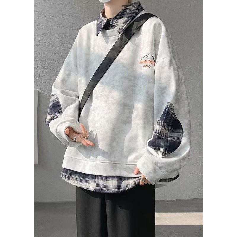 Plaid Mens Warm Grey Fleece Sweatshirts Chic Tie Patchwork Dye
