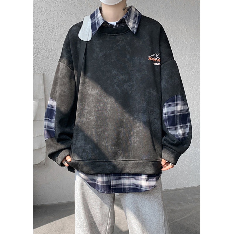 Plaid Patchwork Fleece Pan Peter Black Warm Sweatshirt Collar Men