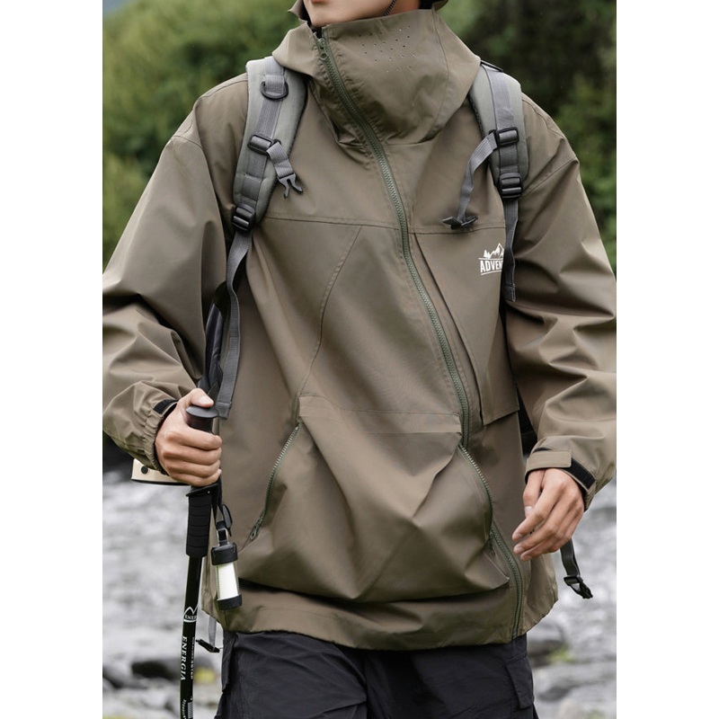 Pockets Hooded Loose Cotton Green Men Spring Zippered Coat