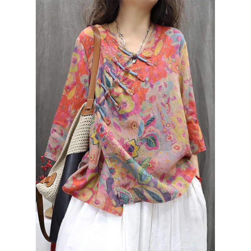 Print Orange Neck Sleeve Linen Blouse Bracelet Button V