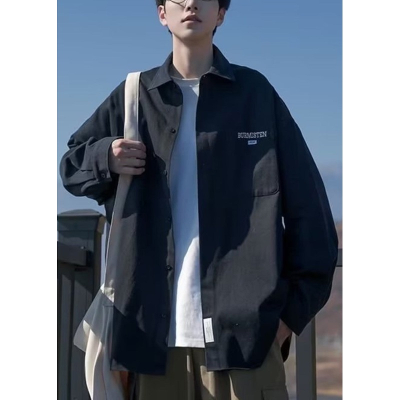 Size Cotton Peter Pan Collar Coats Pockets Black Thin Mens Plus