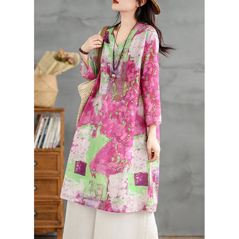 Sleeve Loose Cotton V Print Shirts Bracelet Dress Neck