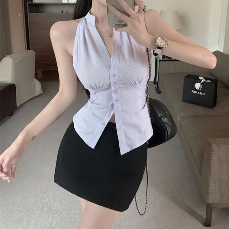 Sleeveless Skirt V-Neck Button-Up Mini High Rise Striped Shirt / Pencil